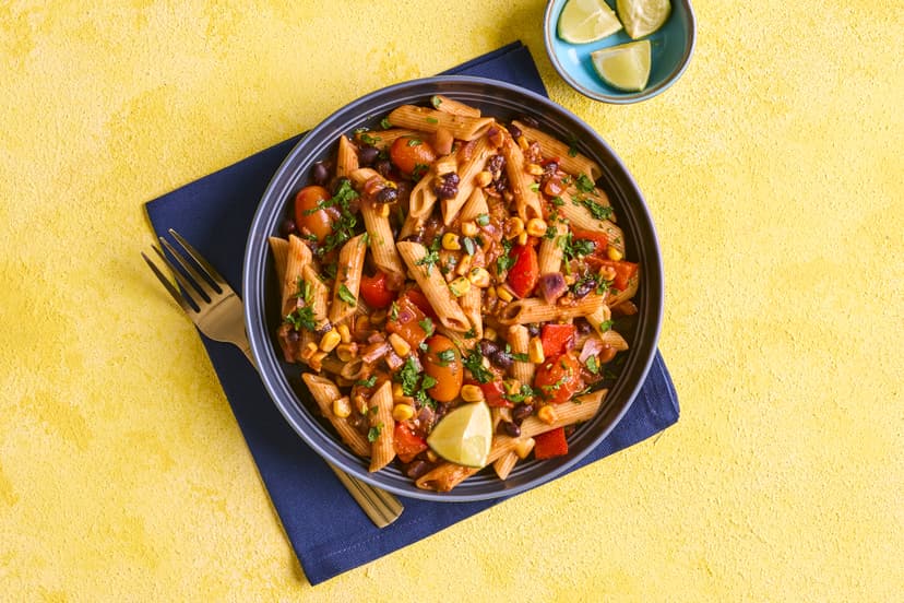 Can’t decide if you want chilli or pasta for dinner? Have both! A chunky medley of black beans, tomato, pepper and golden fried corn is stirred into pasta spirals to soak up the gorgeously spicy chilli sauce.