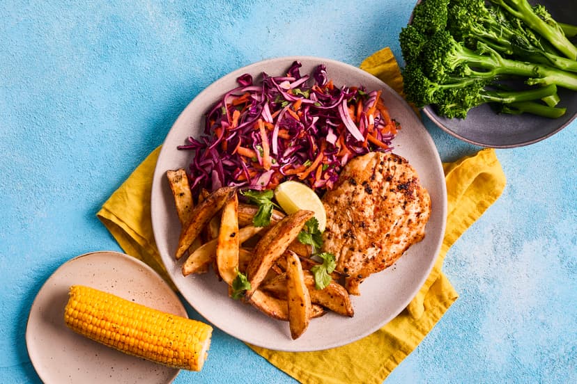 This is weeknight chicken – with the volume turned up! A sprinkling of Portuguese-style peri-peri seasoning adds its spicy magic to roasted chicken breasts, peppers and onions. With long-stem broccoli, sunny corn-on-the-cob and a rainbow slaw, it’s a riot of flavours, colours and contrasting textures that’ll perk up your plate and satisfy your stomach.